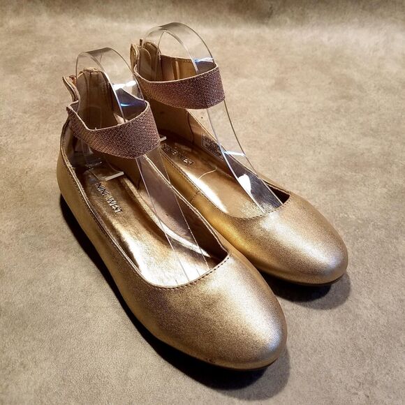 Nine West Womens Floycee Size 5 Gold Slip On Ankle Strap Ballet Flats - Picture 1 of 10
